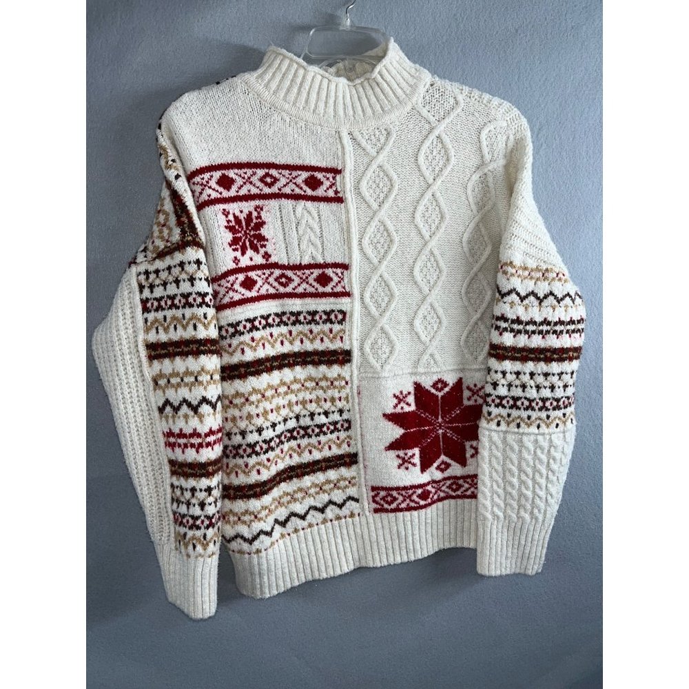American Eagle Vintage White Red Fair Isle Cable Knit Sweater Womens L Large